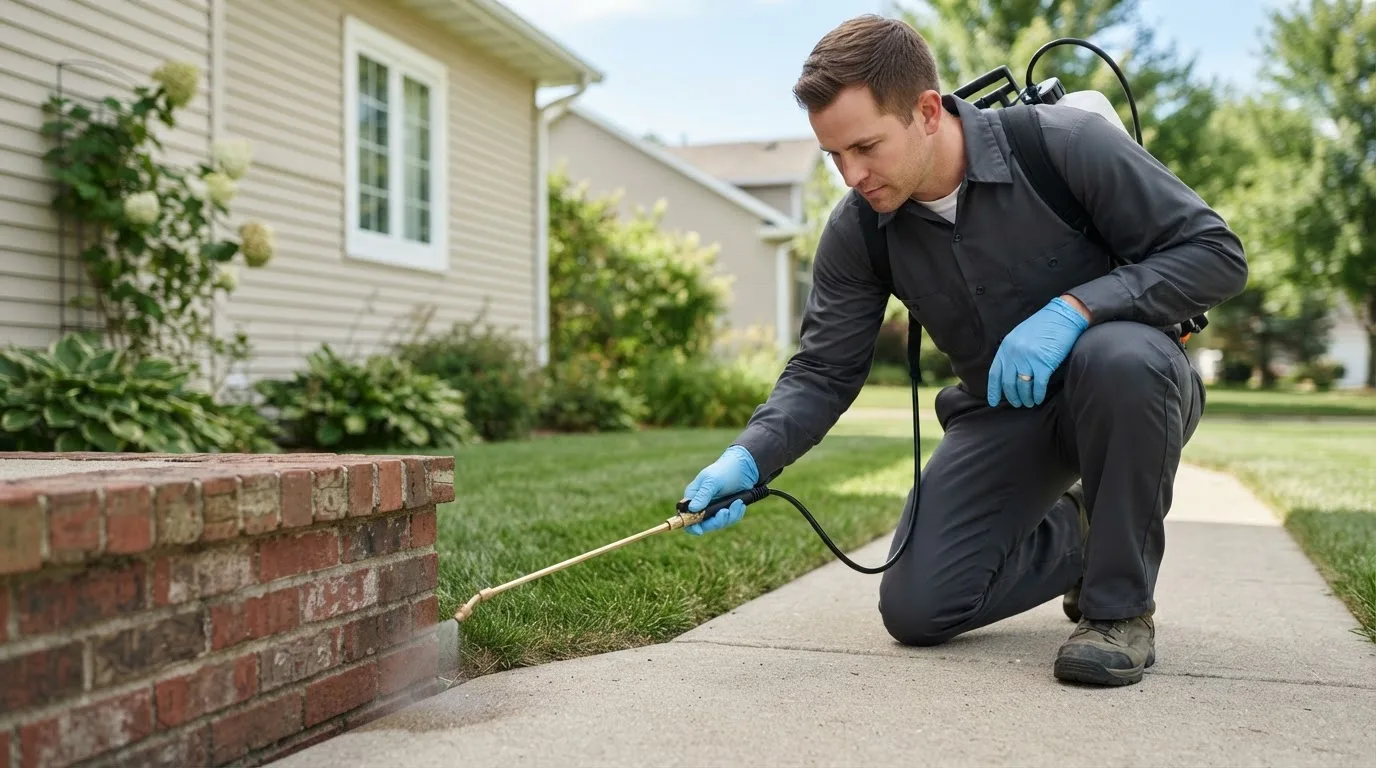 Pest control technician treating a home near Mackey, IN